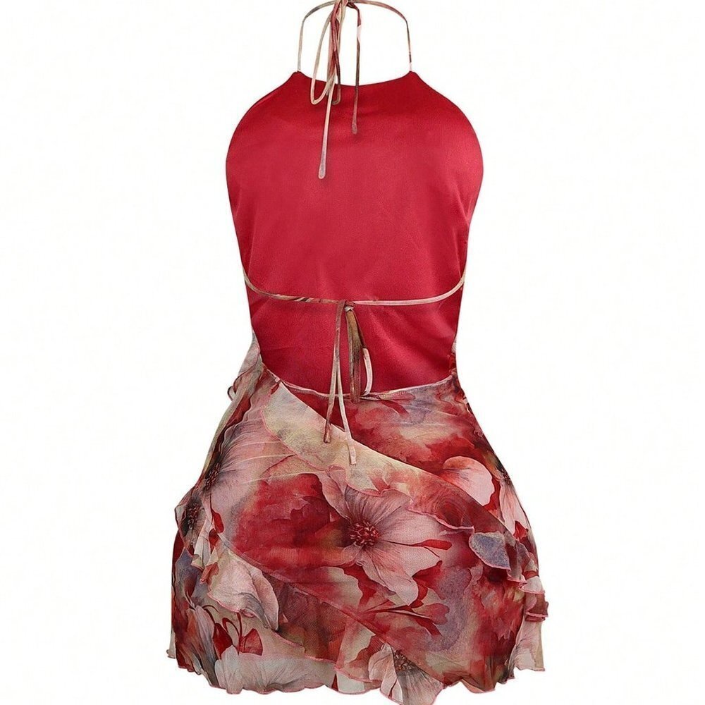 Red Women's Halter Neck Backless Strap Suspenders Hip Ruffle Mini Dress - Picture 5 of 9